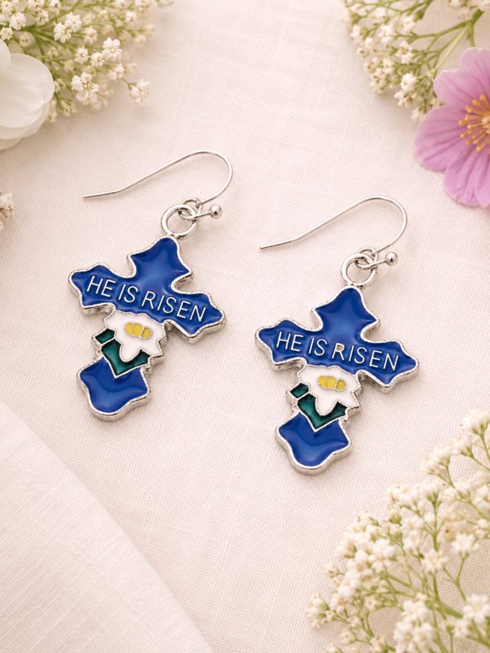 He Is Risen Blue Enamel Cross Dangle Earrings Easter Faith